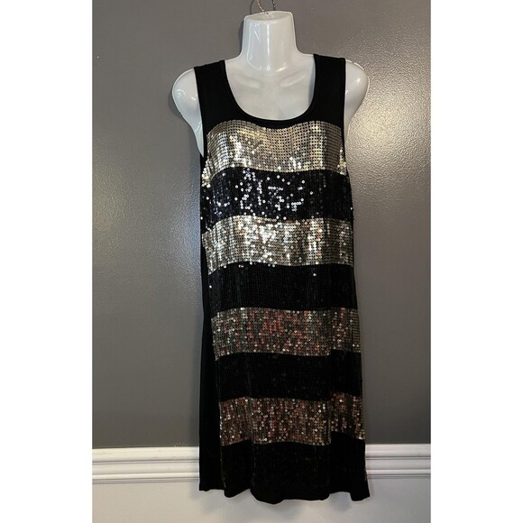 Maite Perroni Dress Womens 1X Black Gold Sequin Striped Tank Sleeveless Party - Picture 1 of 9